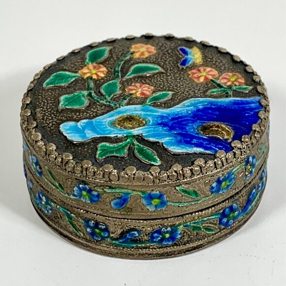 VTG Hand-Painted Floral Enamel Trinket Box Blue Butterfly Design Mirror Compact - Picture 2 of 7